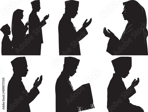 Diverse silhouettes of Muslim men and boys in prayer during Ramadan and Eid, expressing devotion and spirituality.
