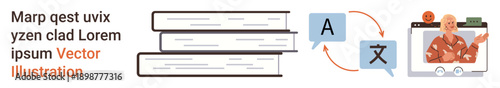 Language learning, multilingual communication, online education, translation services, e-learning, global education. Stack of books, translation icons video call. Language learning and multilingual