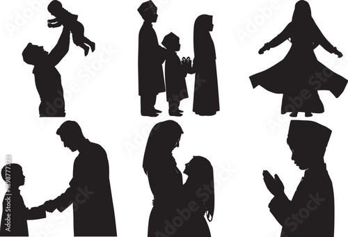 Silhouette portraits of Muslim families and children during Eid celebrations, showing love, gifting, and prayer.