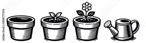 Hand drawn line art gardening elements set featuring plant pots, growth stages and a watering can for horticulture projects