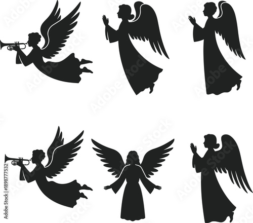 Six black silhouettes of angels on white background wings