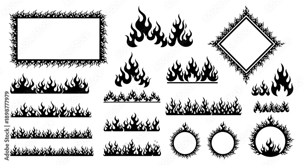 Obraz premium A comprehensive collection of black silhouette fire and flame elements, including decorative borders, dividers, and various stylized flame shapes.