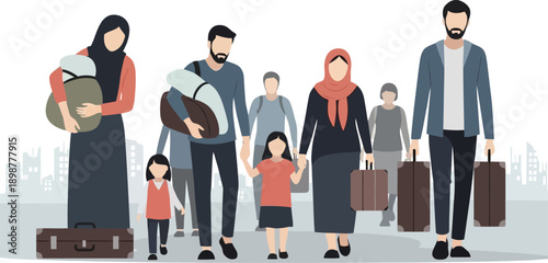 Illustration of a diverse group of people, including families with children, carrying luggage and walking, depicting themes of migration, travel, and displacement.