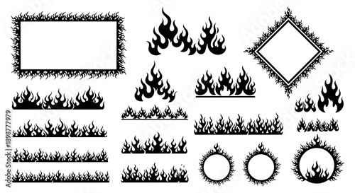 A comprehensive collection of black silhouette fire and flame elements, including decorative borders, dividers, and various stylized flame shapes.