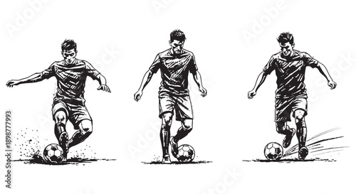 Three dynamic black and white illustrations depict male soccer players demonstrating various skillful poses and movements with a football on the field.