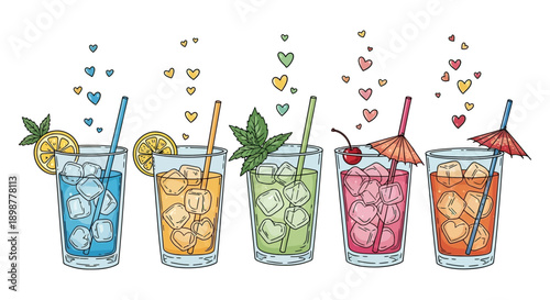 Five vibrant and refreshing cocktails, each adorned with unique garnishes and surrounded by charming floating hearts, creating a festive and celebratory atmosphere.