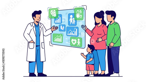 Family Health Consultation: A doctor explains health information to a family, symbolizing guidance, care, and the importance of well-being.