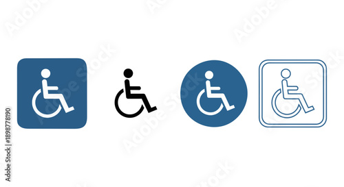 A diverse set of accessible wheelchair symbols is presented, featuring various styles including outlined and solid designs within different shapes.