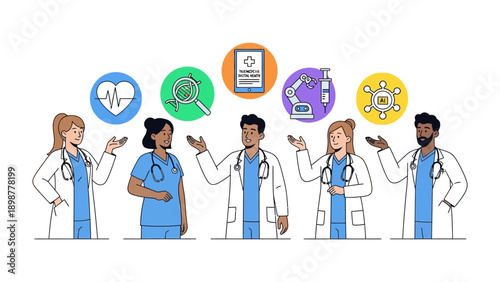 Healthcare Team and Innovations: A united team of medical professionals showcases a range of innovative healthcare elements. Focusing on the progress of medicine and collaborative work.