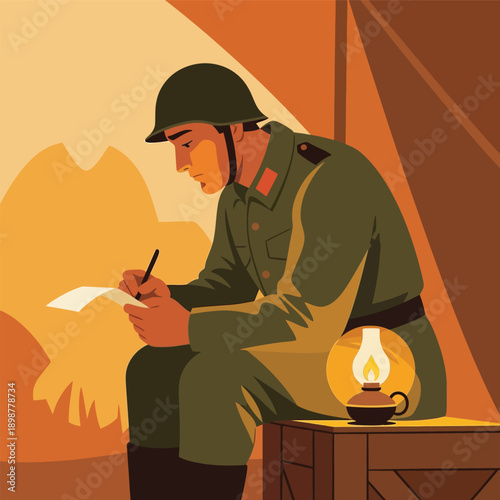A soldier in a military uniform and helmet sits and writes a letter by the warm glow of a lantern in a tent.