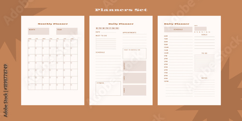 Set of minimalist monochrome abstract planners. Daily, weekly, monthly planner template. Blank printable vertical notebook page with space for notes and goals