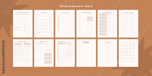 Set of minimalist monochrome abstract planners. Daily, weekly, monthly planner template. Blank printable vertical notebook page with space for notes and goals