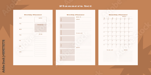 Set of minimalist monochrome abstract planners. Daily, weekly, monthly planner template. Blank printable vertical notebook page with space for notes and goals