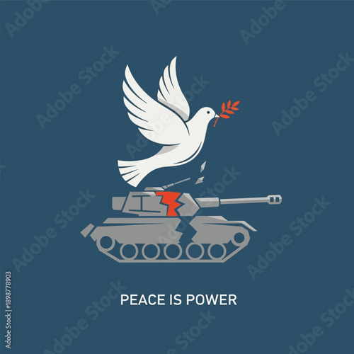 White dove with olive branch flying over a broken tank, symbolizing peace overcoming war and conflict.