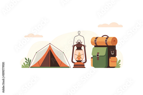 Camping scene with a tent, vintage lantern, backpack, and clouds on transparent background