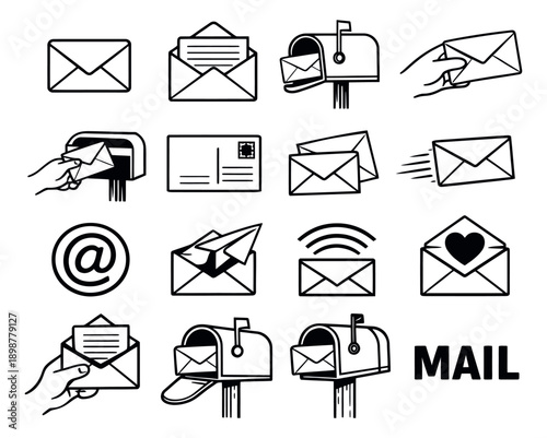 Hand drawn line art mail and email icons set featuring envelopes, mailboxes, and hands interacting with messages for digital and traditional communication