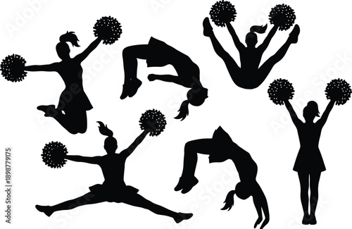 Cheerleader silhouettes set, pom pom dance poses, female cheer squad, jumping flips splits, energetic sports spirit, performance icons collection, vector