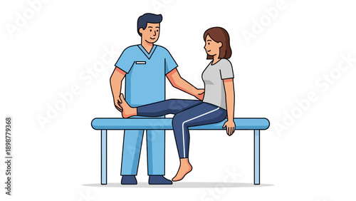 Therapist assisting a patient: A dedicated therapist gently assists a patient in a medical examination setting, illustrating the care and support of physical rehabilitation.