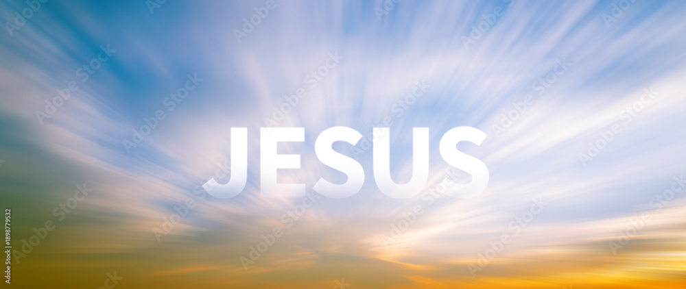 Fototapeta premium Jesus and Faith concept. words written with Clouds blue sky, Inspirational Christian message of hope and belief journey with the word faith. not ai
