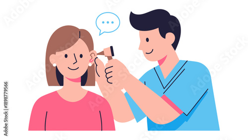 Hearing Exam Illustration: A medical professional uses an otoscope to examine a patient's ear, conveying a message of care and health.