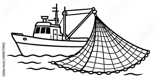 Hand drawn line art illustration of a fishing boat depicting a trawl net being pulled for commercial fishing