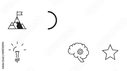 Set of simple line icons showing mountains with flag, crescent moon, light bulb, flower, and star in minimal doodle style.