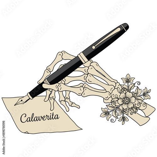 Illustration of a pen signing a document with a skeleton hand and flowers Vector