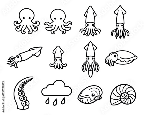 Hand drawn line art sea creatures set featuring octopuses, squids, cuttlefish, and marine shells for aquatic designs