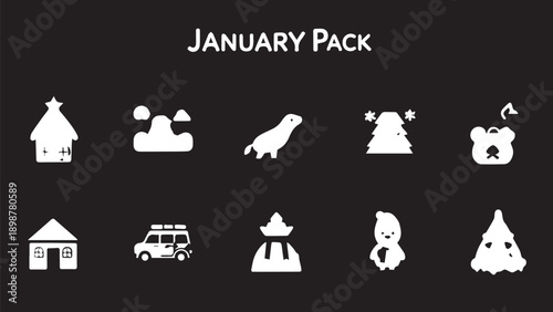 January Pack: Winter Icon Set Featuring Homes, People, Animals, and Outdoor Elements.