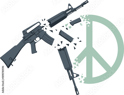 A rifle shattering into pieces against a backdrop of a prominent peace symbol, illustrating disarmament and peace.