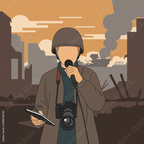Illustration of a war correspondent reporting from a conflict zone with destroyed buildings and smoke in the background, documenting global events.