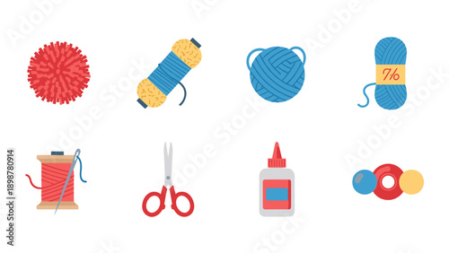 Crafting essentials: yarn, glue, scissors, and more in flat design