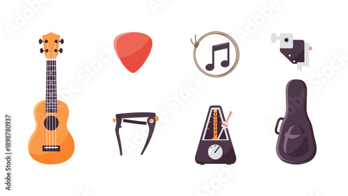 Musical instrument icons: guitar, metronome, and accessories in flat style