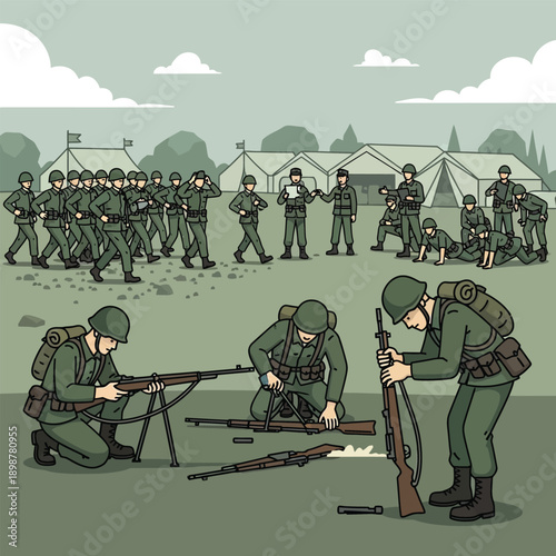 Soldiers in a military training camp performing various exercises and weapon maintenance.