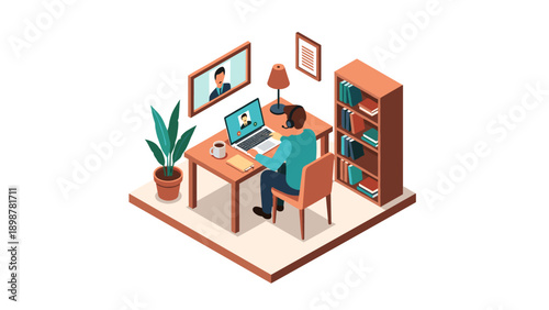Remote work isometric design with virtual meeting and cozy workspace setup