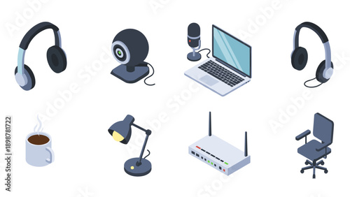 Isometric home office essentials: headphones, webcam, laptop, and more