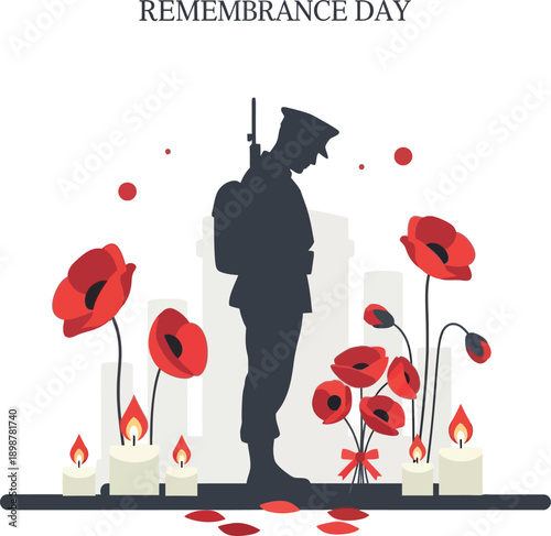 A solemn illustration for Remembrance Day featuring a soldier silhouette, red poppies, and lit candles, commemorating fallen heroes.