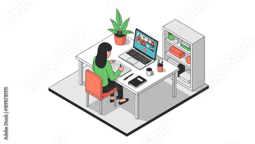 Remote work setup with video conference meeting in modern isometric office design