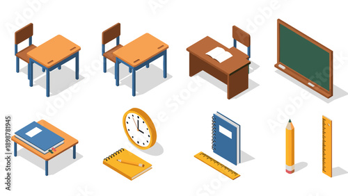 Isometric school classroom objects set with desks, blackboard, and stationery
