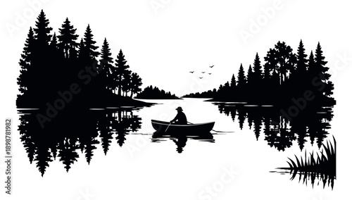 Scenic silhouette illustration of a person rowing a boat on a lake depicting a serene wilderness landscape for outdoor and leisure designs