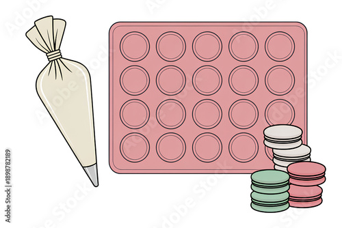 Baking supplies including a piping bag, macaron mold, and stacks of colorful macarons on a checkered surface