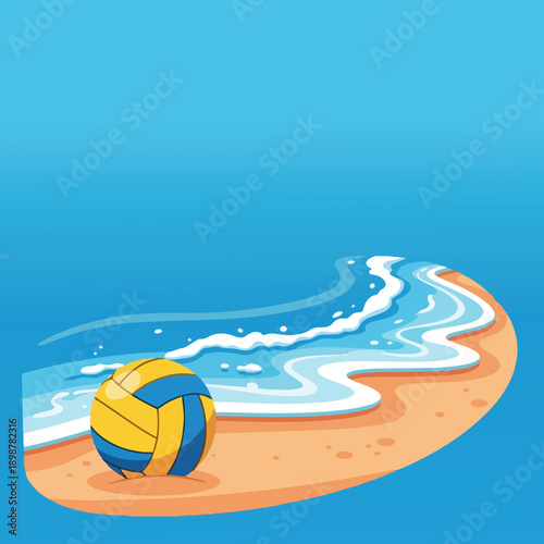 Vector art close up of yellow and blue volleyball lying on sand near ocean shore with gentle waves on sunny day