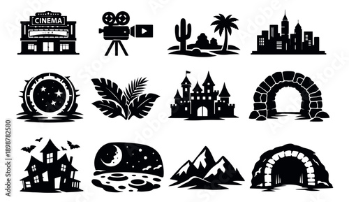 Silhouette clip art icon set featuring diverse locations and fantasy elements for creative projects