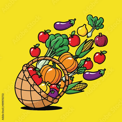 Colorful vector art of basket spilling fresh vegetables and fruits including pumpkin corn apples eggplants and leafy greens on yellow background