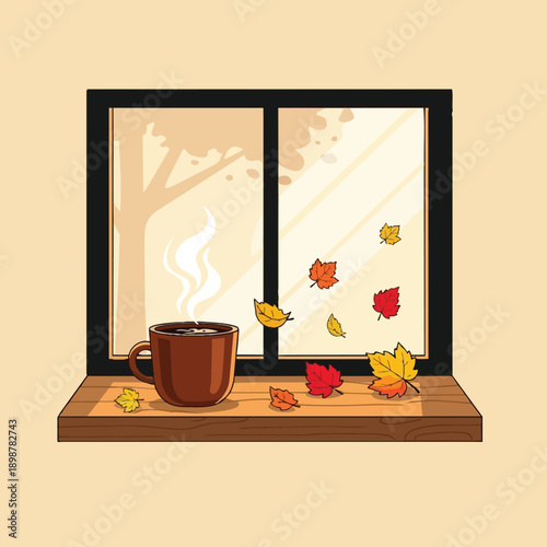 Warm steaming coffee cup on wooden windowsill surrounded by colorful autumn leaves blowing in fall breeze