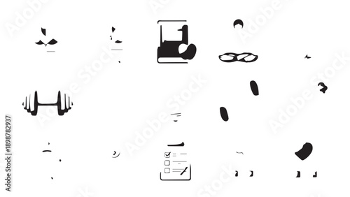 Assorted Minimalist Icon Set Featuring Silhouettes of Everyday Objects and People in a Monochrome Style.