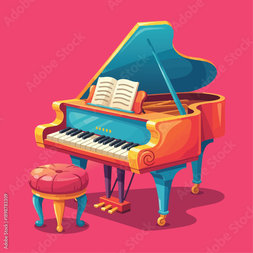 Colorful vector illustration of vintage grand piano with music book and cushioned stool on pink background