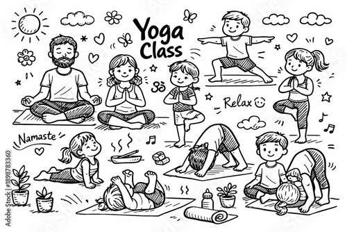 Diverse kids yoga class drawing with relaxing poses and activities