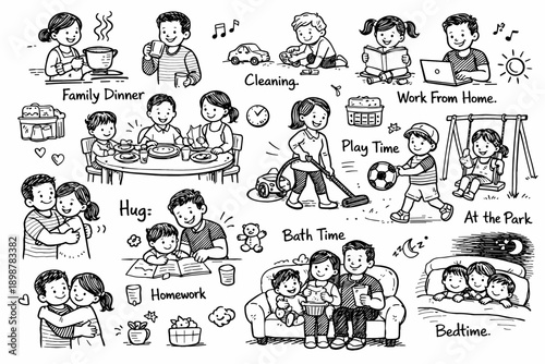 Family activities: dinner, cleaning, play, and bedtime moments with kids