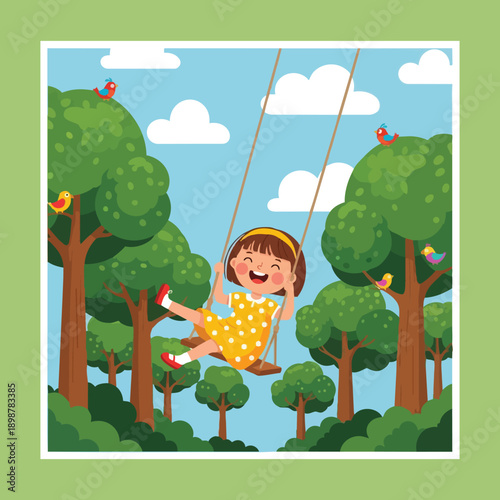 Colorful flat design illustration of smiling girl in yellow dress swinging happily on wooden swing with green trees and birds around sunny sky